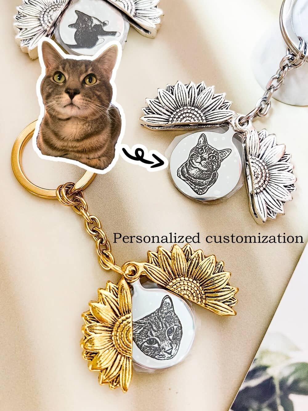 Custom Pet Vintage Sunflower Ornament Personalised Keychain Gold and Silver 1